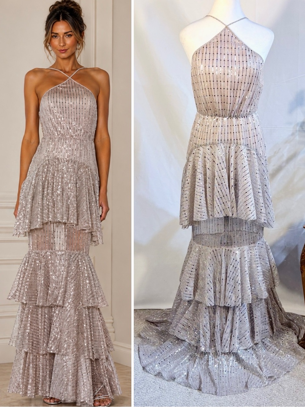 ☀️NWT Michael Costello x REVOLVE Shirley Sequin
Tiered Gown Mauve Sz S❤️